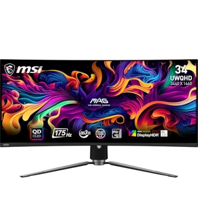 Image of MSI MAG 341CQP QD OLED 34 Inch UWQHD Curved Gaming Monitor 1800R, 3440 x 1440 Quantum Dot Panel, 175Hz / 0.03ms, 99% DCI P3, ΔE≤2, DisplayHDR True Black 400, KVM DP 1.4a, HDMI 2.1, USB Type C