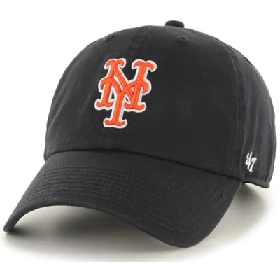 Image of 47 MLB Black Team Color Primary Logo Clean Up Adjustable Strap Hat Cap, Adult One size Fits All (New York Mets), New Mets,