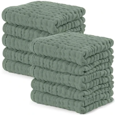 Image of Baby Washcloths, Muslin Cotton Towels, Large 10x10 Wash Cloths Soft on Sensitive Skin, Absorbent for Boys &amp; Girls, Newborn Toddlers Registry Gift (Fern, 10 Pack, 25 X CM)