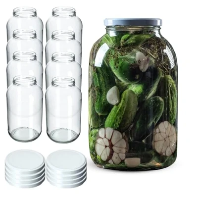 Image of KADAX Glass Jars 4 L, Large with Wide Mouth for Preserving, Pickling and Fermenting, Storage Pickles Sauerkraut (Set of 8, White Lids)