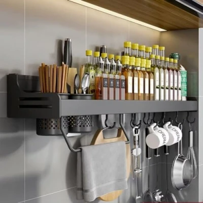 Image of COITROZR Spice Rack, Kitchen Shelf Wall without Drilling, Rack Hanging with 10 Hooks and 2 Cups, Liftable, Organiser Shelf, Utensil Holder, 70 cm, Black