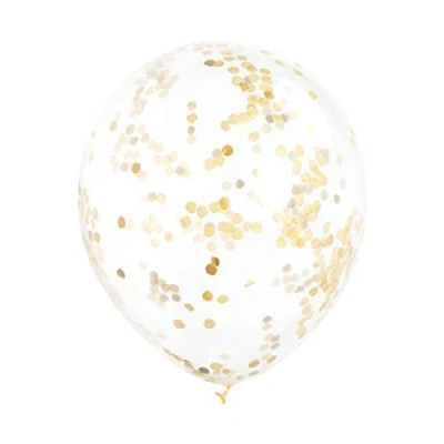 Image of Gold Confetti Clear Latex Balloons (30cm) Pack of 6 Transparent Premium Latex, Perfect for Parties &amp; Celebrations