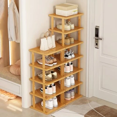 Image of 7 Tiers Bamboo Vertical Shoe Rack, Adjustable prefabricated Storage Shelf Stand, Free Standing Tower for Entryway,No Tool Assembly Hallway Rack Yellow (7 Tiers)