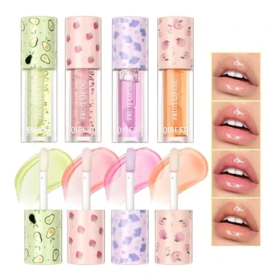 Image of Fruit Flavored Plumping Lip Oil Set 4 Packs Moisturizing Glow Long Lasting Nourishing Gloss No Sticky Balm Care