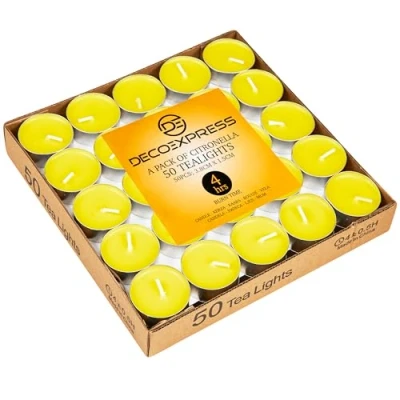 Image of Deco Express Citronella Tealight Candles Multipack of 50 or 100 4 8 Hours Burning Time Outdoor (Yellow 50/4 Hour)