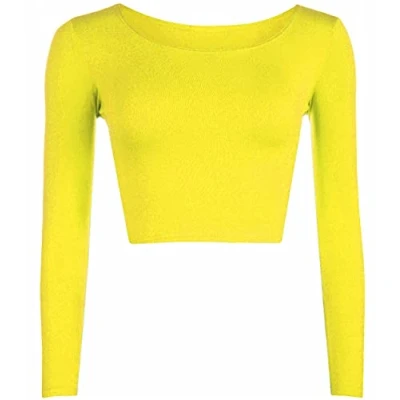 Image of Womens Crop Long Sleeve T Shirt Ladies Short Plain Round Neck Top Fitness Workout Running Shirts Cropped Tops (Yellow UK 12 14)