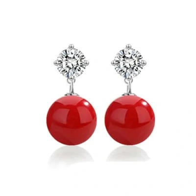 Image of YAXUN 925 Sterling Silver Pearl Earrings for Women, Austrian Crystals Diamond Stud with Red Drop Fashion Jewellery Gifts