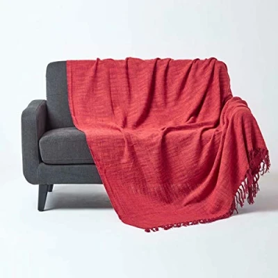 Image of HOMESCAPES Nirvana Burnt Orange/Terracotta Handwoven 100% Pure Cotton Throw 60x80 Inches Bedspread Blanket with Handknotted Tassels in Very Durable and Heavy Quality, Easy Care Washable at Home