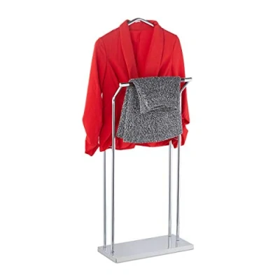 Image of Relaxdays, Silver/Brown Valet Stand for Suit &amp; Trousers, Wood Metal Mix, Bedroom, Clothes Butler, 110 x 46 19 cm, Steel