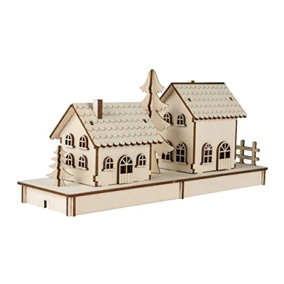 Image of Rayher 46300000 Construction Kit wooden Houses with interlocking parts, Wood Building Set, 52 slot together Pieces, 31.7x9.4x14cm