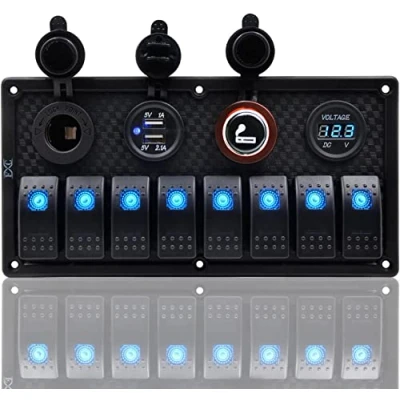 Image of Geloo 8 Gang Toggle Rocker Switch Panel, 12V/24V Waterproof Control Panel Digital Voltage Display Cigarette Lighter Dual USB Charger Port for Car, Boat, RV, Truck (Blue)
