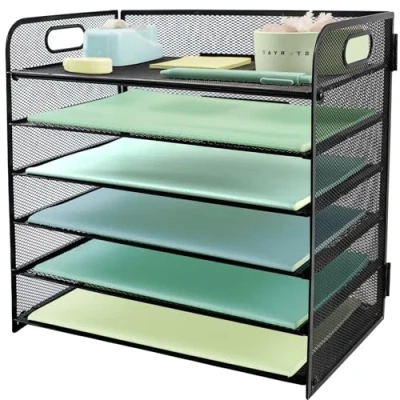 Image of Paper Letter Tray with Handle, 6 Tier Metal Mesh Desk File Organizer, A4 Desktop Filing Trays, Tidy Magazie Document Holder for Home Office, Black