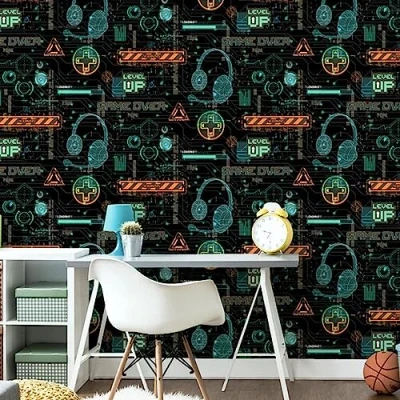 Image of SOPHIE LAURENCE Kids Gamer Multicoloured Children Room Wallpaper Neon Retro Matrix Boys Video Game Washable for Feature Wall