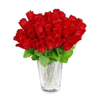 Image of Relaxdays Artificial Red Roses, Faux Decorative Flowers, 48x with Stems &amp; Foliage, H: 26 cm,