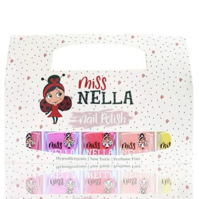 Image of Miss Nella SUMMER SPARKLE 5 Varnish set Watermelon pink, Blueberry purple, Marshmallow coral, Peach, Banana Yellow, Peel Off kids Nail Polish