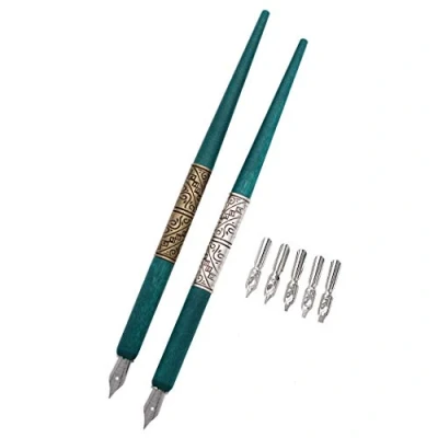 Image of SIPLIV Professional Manga Gothic Pen Dip Calligraphy Drawing Kit, 2 Holders Handles, 7 Nibs (2 Fountain Nib, 5 Flat Nib) Silver and Bronze