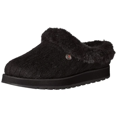 Image of Skechers Women&#039;s Keepsakes Ice Angel Low Top Slippers, Black Cable Knit Sweater Faux Fur Trim Bbk, 3.5 UK