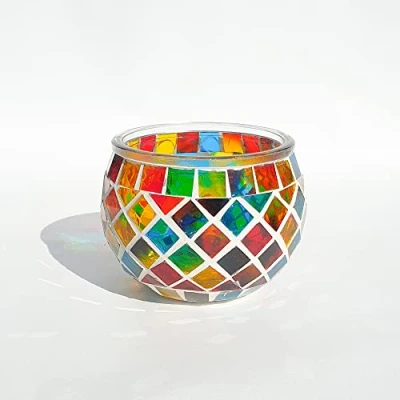 Image of Mosaic Glass Candle Holder Vintage Jar Tealight Holders, Home Decoration with upto 8 Hour Burn Tea Light Candles (Multicolour)