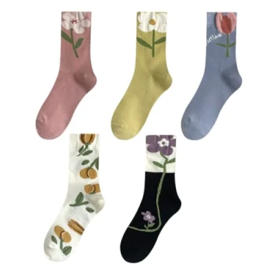 Image of MeganJDesigns Cute Cotton Socks for Women and Girls, 5 Pairs Sports Daily Wear, Tulip, 4 8 UK