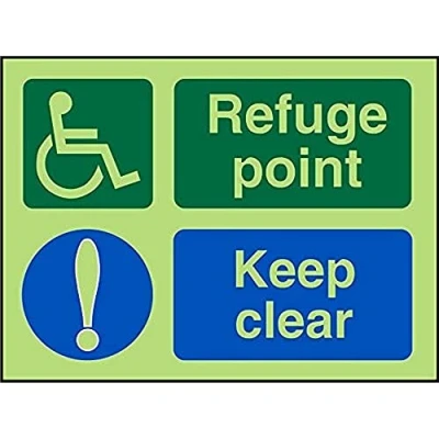 Image of Seco DDA Fire Exit Wheel Chair, Refuge Point, Exclamation Mark, Keep Clear Sign, 200mm x 150mm Photoluminescent 1mm Semi Rigid Plastic