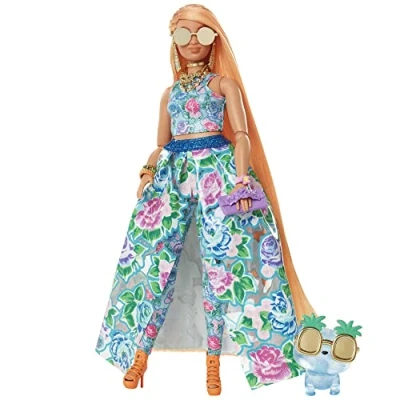 Image of BARBIE BRAND Extra Fancy Doll, Curvy in Floral 2 Piece Gown, with Pet Kitten, Long Hair &amp; Accessories, Flexible Joints, for 3 Year Olds Up, HHN14, Multicolor