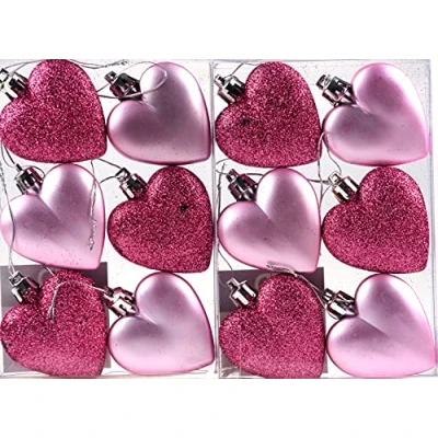Image of Set Of 12 Glitter Love Hearts Christmas Tree Baubles Decorations Ice Pink