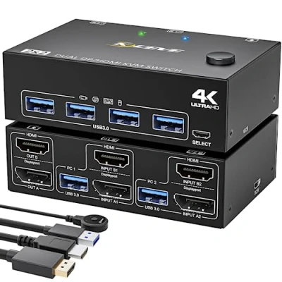 Image of YOUTINGHDAV USB 3.0 KVM Switch 2 Monitors Computers, HDMI DP, Dual Monitor for Computers Share Mouse and Keyboard, with + DP Cable