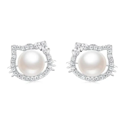 Image of findout ladies sterling silver freshwater pearls Cubic Zircons hello kitty cat love fashion earrings, for women girls children.(f1661)