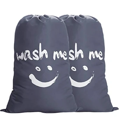 Image of IHOMAGIC Laundry Bag 2 pack Extra Large 100L, Foldable Storage with Drawstring Cord Lock Closure, Nylon Dirty Clothes Bags for Bedroom Home or Dormitory and travel, Smile Fabric （2 Gray
