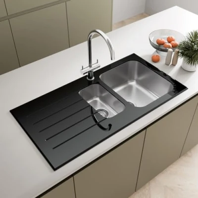 Image of SÄUBER® 1000 x 500mm Stainless Steel Kitchen Sink Black Glass Surround 1.5 Bowl Inset Drop in Installation, Left Hand Drainer, 18/8 Grade Sinks, Free Strainer Waste