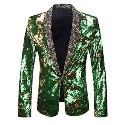 Image of PYJTRL Men Stylish Two Color Conversion Shiny Sequins Blazer Suit Jacket (Gold + Green, M)