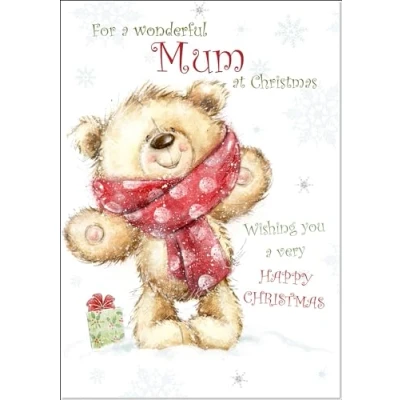Image of doodlecards Mum Christmas Card Teddy Bear with Red Scarf Large A4 Size for Plain Envelope