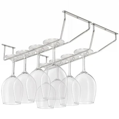 Image of BELLE VOUS 4 Pack Chrome Steel Under Cabinet Wine Glass Holder Rack With Screws &amp; Wall Plugs 34 x 11cm/13.38 4.33 inches Stemware Hanger For Glasses Storage Bar Kitchen
