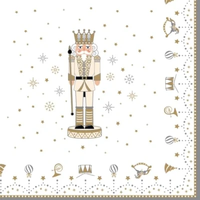 Image of 20 Christmas Napkins Golden Nutcracker as a Table Decoration. Paper with Motif. Also for decoupage and Napkin Technique 33x33cm