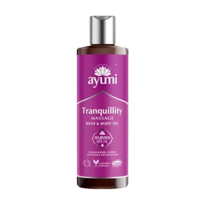 Image of Ayumi Tranquility Massage Bath &amp; Body Oil, Natural Cold Pressed Oil Infused with Aromatherapy Essential Oils Creating Blissful Harmony. Sandalwood, Frankincense Lavender, 1 x 250ml