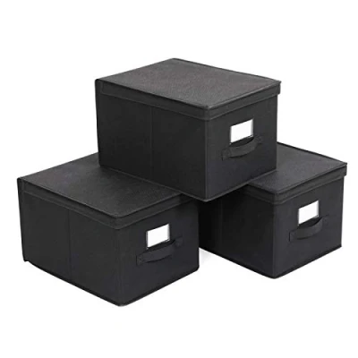 Image of SONGMICS Set of 3 Foldable Storage Boxes with Lids, Fabric Cubes Label Holders, Bins Organiser, 40 x 30 25 cm, Black RFB03H