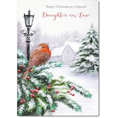 Image of doodlecards Daughter in Law Christmas Card Robin by Lamp Large A4 Size for with Plain Envelope