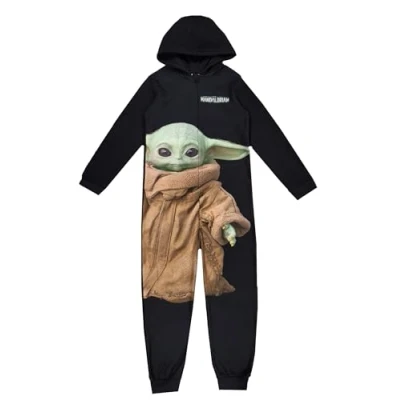 Image of Star Wars Mandalorian Onesie Boys Yoda Grogu Hooded Zip Loungewear (Mandalorian Grogu, 11 12 Years)