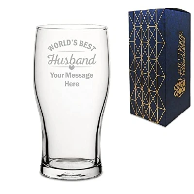 Image of Personalised Engraved Pint Glass with World&#039;s Best Husband Design, Gift Boxed, Personalise Any Message for Valentines, Anniversaries