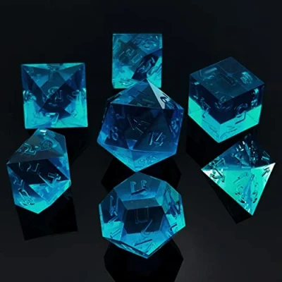 Image of Bescon Crystal Clear (Unpainted) Sharp Edge DND Dice Set of 7, Razor Edged Polyhedral D&amp;D for Dungeons and Dragons Role Playing Games, SteelBlue Color