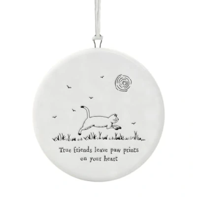 Image of East of India Porcelain Cat Hanger, Heartwarming Keepsake Gift, True friends leave paw prints on your heart, White, Hanging Ornament
