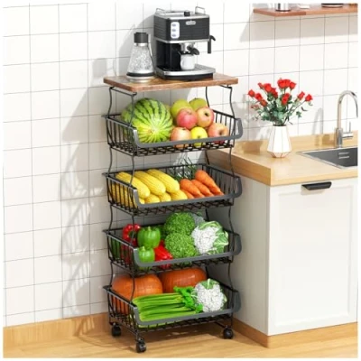 Image of Gsiekare Fruit Vegetable Basket for Kitchen, 5 Tier Stackable Storage Baskets with Wheels, Metal Wire Organizer Cart Pantry, Bathroom