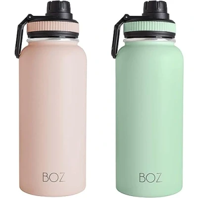 Image of BOZ Stainless Steel Water Bottles 2 Pack Bundle Pink Bottle + Green Insulated 1l Wide Mouth BPA Free Metal for Gym with Spout Lid