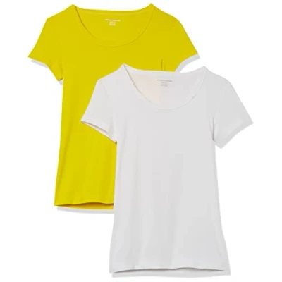 Image of Amazon Essentials Women&#039;s Slim Fit Cap Sleeve Scoop Neck T Shirt, Pack of 2, White/Lemon Yellow, S
