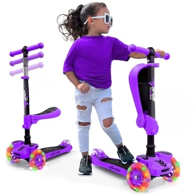 Image of Hurtle, 3 Wheeled Scooter for Kids, Kids Scooter, Boys Girls Ages 2 12, Foldable Kick with Flip able Seat, Flashing Lights, Height Adjustable, (Teal)