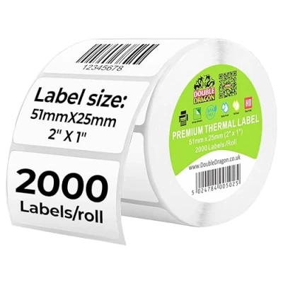 Image of Double Dragon, 2,000 Direct Thermal Labels, 51mm x 25mm (2“ 1&quot;), Premium Coated, Self Adhesive Stickers, for Zebra, MUNBYN, Toshiba, Citizen, Eltron Printers and More