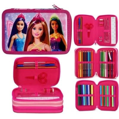 Image of Barbie Filled Pencil Case Full Stationery School Supplies Set for Kids 3 Tier with Pens, Pencils &amp; Markers Pink Princess