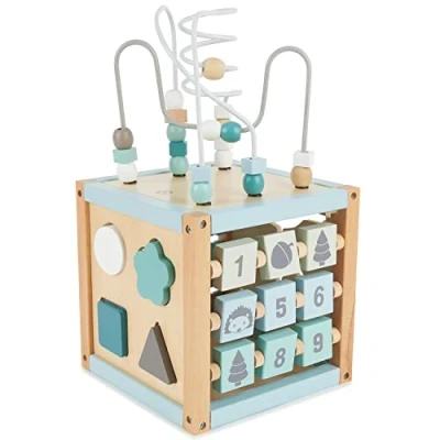 Image of Bieco Scandi Chic Motor Skills Cube Toy from 1 Year Modern Activity Centre Baby Wooden with Plug In Game and Loop