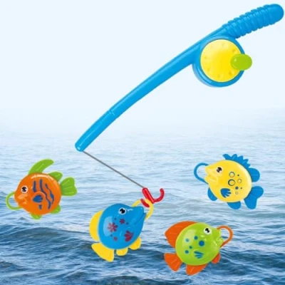 Image of Children Toddler fishing Game Set Bath Toy rod Fish Catch Hook Pull and net Swimming Pool Toys with toy, hoop