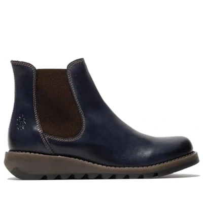 Image of Fly London Womens Blue SALV Chelsea Leather Ankle Casual Wedge Heel Boots Size UK 8